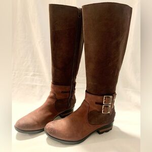 EUC WOMENS SOREL LOLLA KNEE-HI 2-TONE BROWN SUEDE/LEATHER ZIP-UP BOOTS SIZE 8M